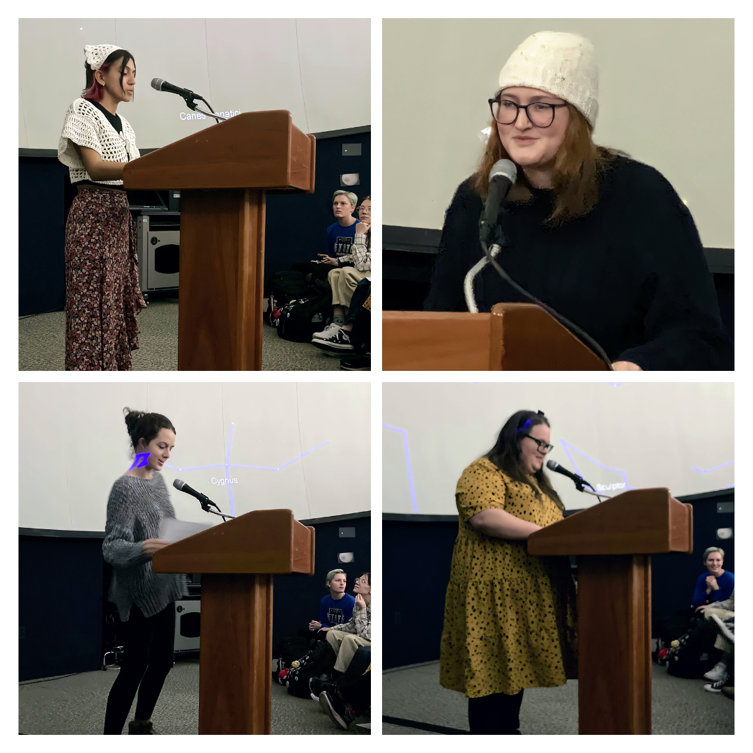 Photo collage of students reading at a Loch Norse open mic event.