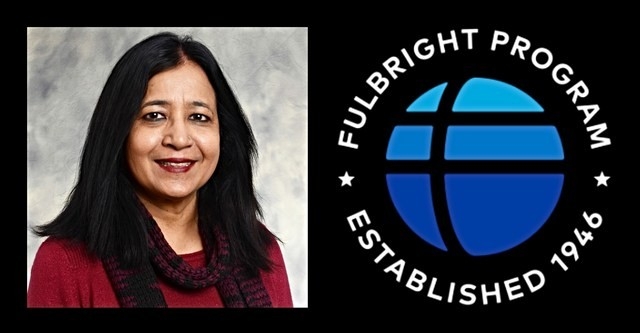 Dr Shamima Ahmed head shot and Fulbright logo