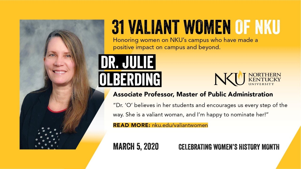 Julie Olberding Valiant headshot on Valiatn Women of NKU flyer