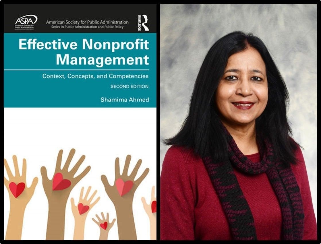 Shamima Ahmed and cover of her new textbook